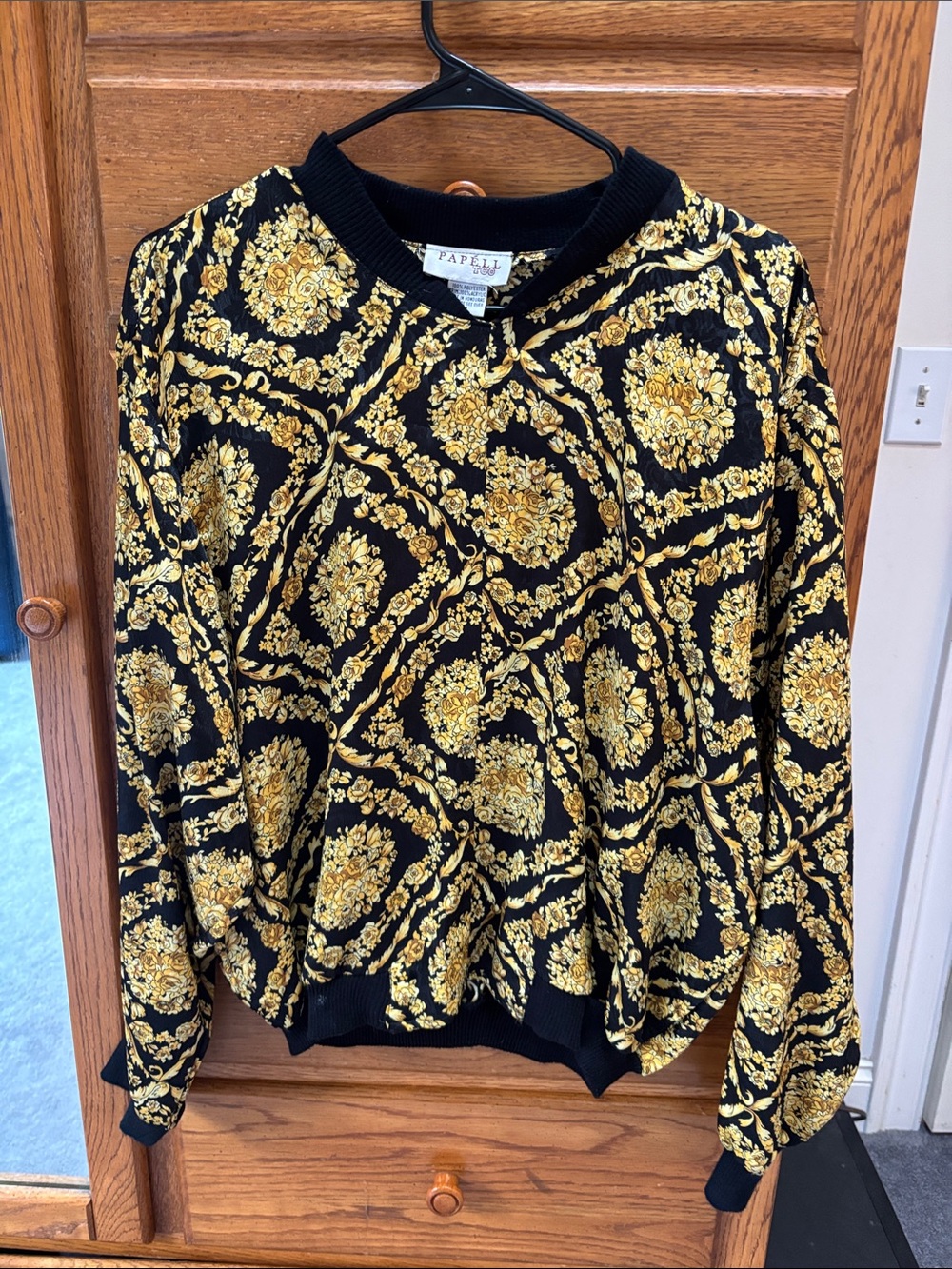 Papell Boutique Black and Gold Baroque Print blouse